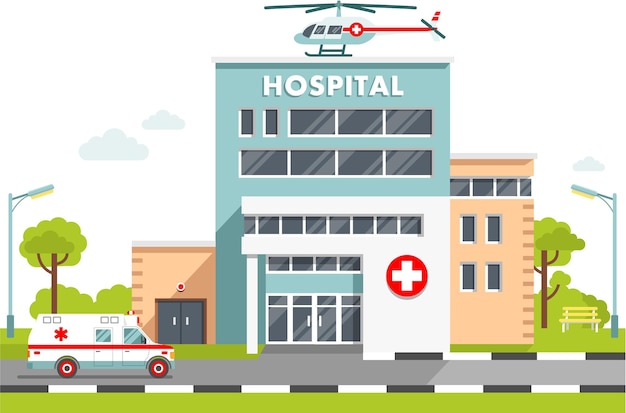 Hospital Building with Helicopter and Ambulance Car