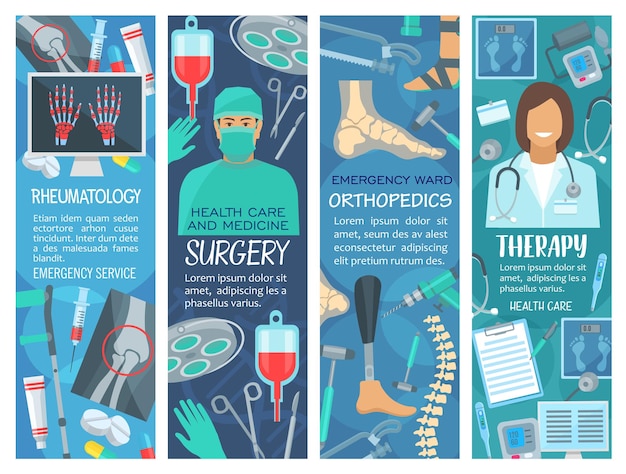 Hospital and clinic banners with medical tools