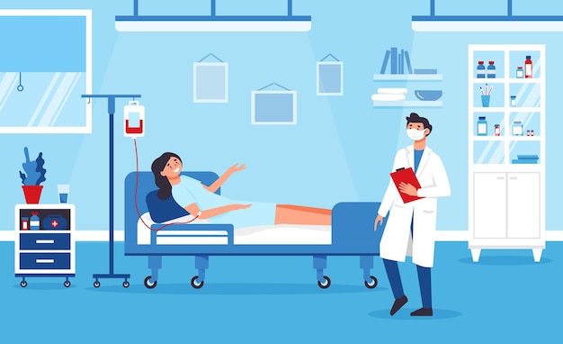 Vector hospital composition with indoor scenery of hospital ward interior with patient lying on bed with dripper vector illustration