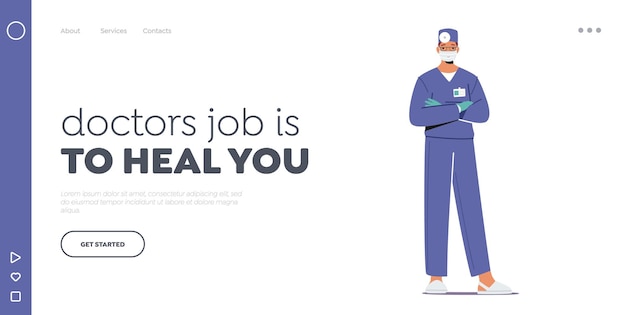 Hospital Healthcare Staff Work, Occupation Landing Page Template. Male Doctor in Blue Medical Robe with Head Mirror Wear Mask. Clinical Medicine Profession, Surgeon. Cartoon Vector Illustration