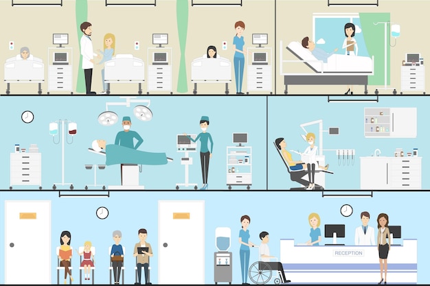 Vector hospital indoors set operation and reception waiting room ward and special chamber