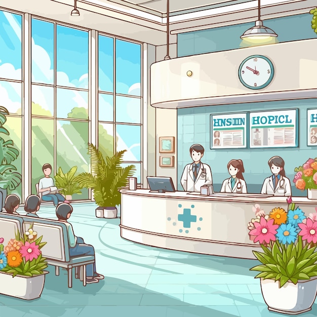 Vector hospital inside reception concept with flat vector illustration with doctor