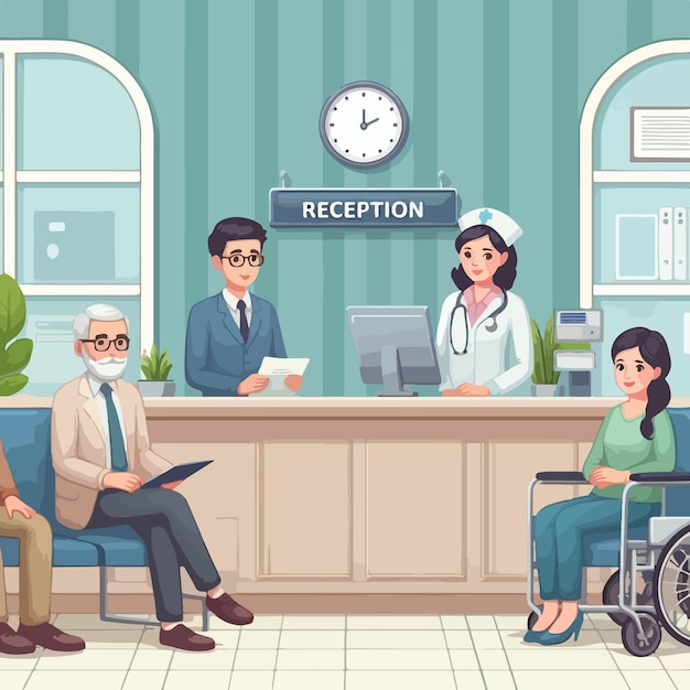 Vector hospital inside reception concept with flat vector illustration with doctor