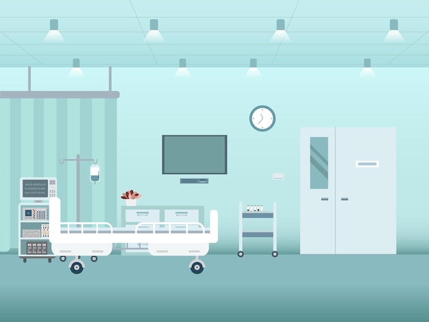 Hospital interior in inpatient room with bed and amenities vector illustration