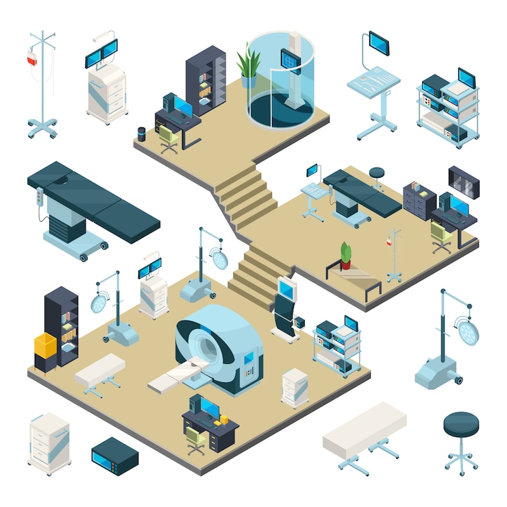 Vector hospital interior with different medical equipment. 