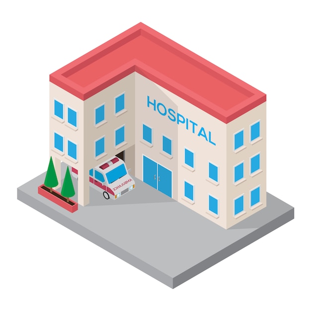 Hospital isometric 3d building with ambulance car isometric