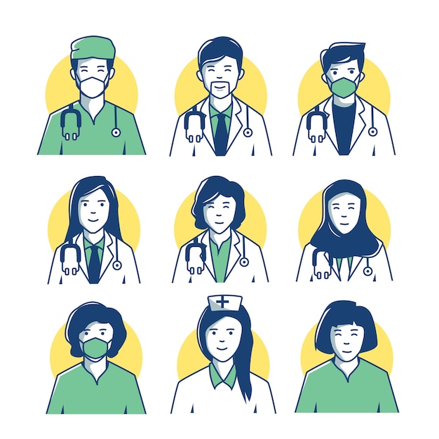 Vector hospital and medical care profession icons set avatar.