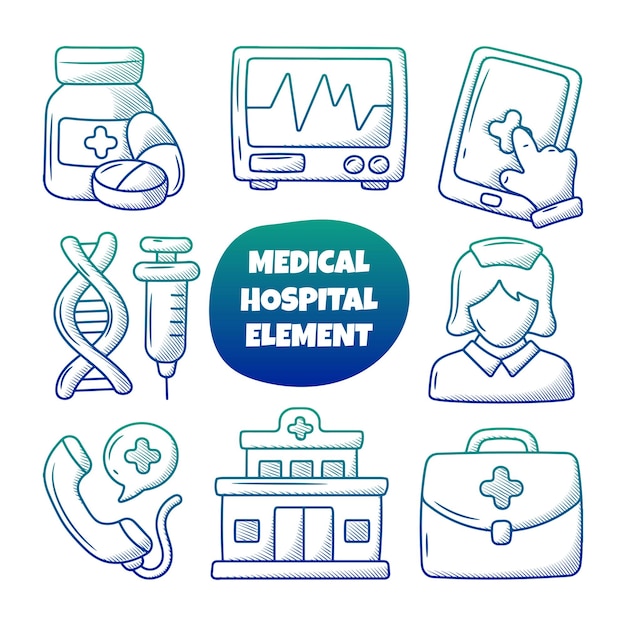 Vector hospital and medical element collection with hand drawn outline style