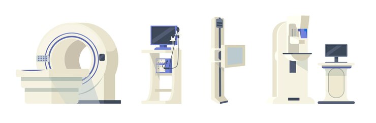 Vector 병원 의료 장비 세트입니다. 컴퓨터 단층 촬영 뇌, mri 자기 공명 단층 촬영기 벡터 만화 절연, fgs 장치 설치, 디지털 유방 촬영기, 초음파 스캐너 벡터 만화