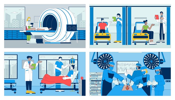 Vector hospital medical treatment cartoon flat illustrations set