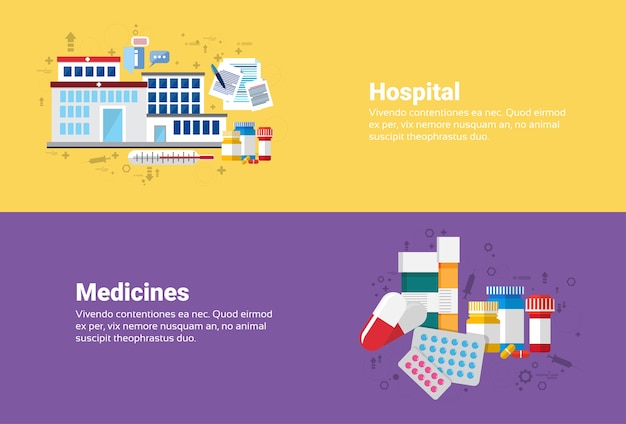 Больница Лекарства Лекарственные препараты Лекарственные препараты Медицина Интернет Веб-баннер Плоский Vect