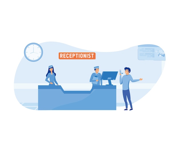 Hospital reception concept A man walking to a hospital reception where he is greeted by a smiling young woman Man asks a question to the hospital register office flat vector modern illustration