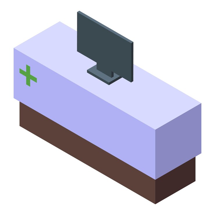 Vector 의료 정보 를 표시 하는 컴퓨터 가 있는 병원 리셉션 데스크