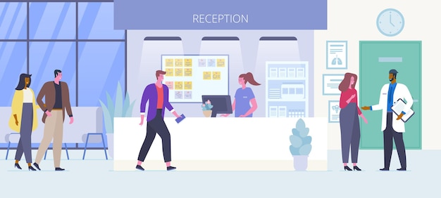 Hospital reception flat vector illustration. Couple standing in queue, smiling patients waiting for doctors appointment in clinic hall cartoon characters. Medicine and healthcare concept