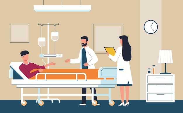 Vector hospital room. doctor in uniform and nurse provide medical care to sick patient in intensive therapy ward lying on bed, consultation and diagnosis modern aid interior healthcare flat vector concept