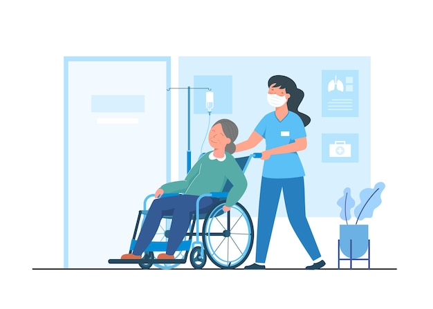 Vector hospital service concept flat illustration. hospital staff provide wheelchairs for saline patients to the doctor's examination room.
