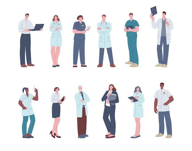 Hospital team doctors nurses and healthcare workers Administrator clinic staff pharmacist and therapist Flat medical professional kicky vector characters of hospital team medical illustration