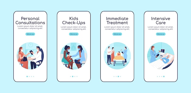 Modello di vettore piatto dello schermo dell'app mobile onboarding del trattamento ospedaliero. sito web completo 4 passaggi con personaggi. creative ux, ui, interfaccia grafica per cartoni animati per smartphone, set di stampe di custodie