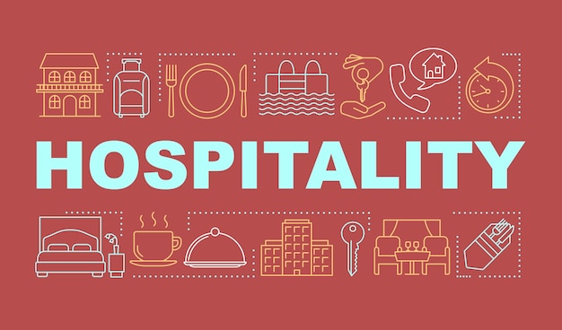 Hospitality word concepts banner. lodging industry. restaurant and hotel service. presentation, website. isolated lettering typography idea with linear icons. vector outline illustration