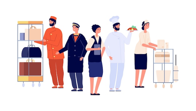 Vector hospitality workers. hotel staff characters, receptionist porter maid doorman chef. hostel team, travel and tourism vector illustration. professional service hotel, employee and manager receptionist
