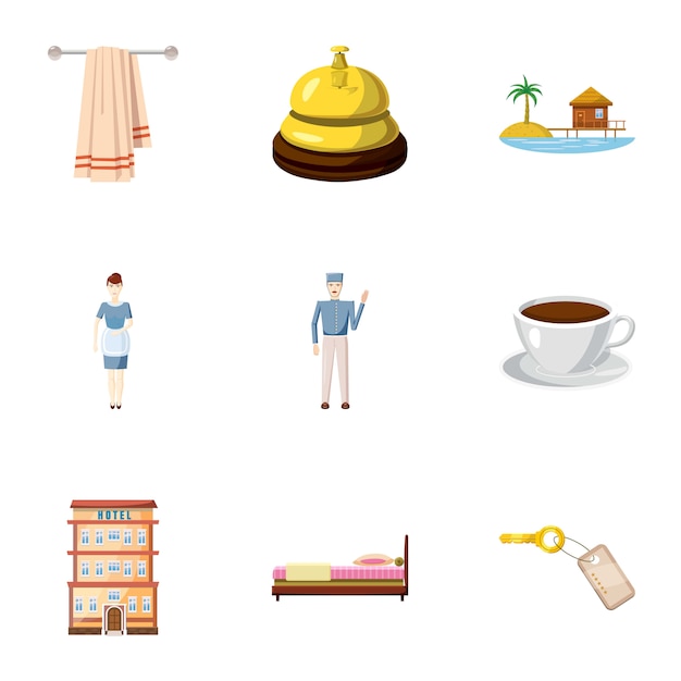 Vector hostel icons set, cartoon style