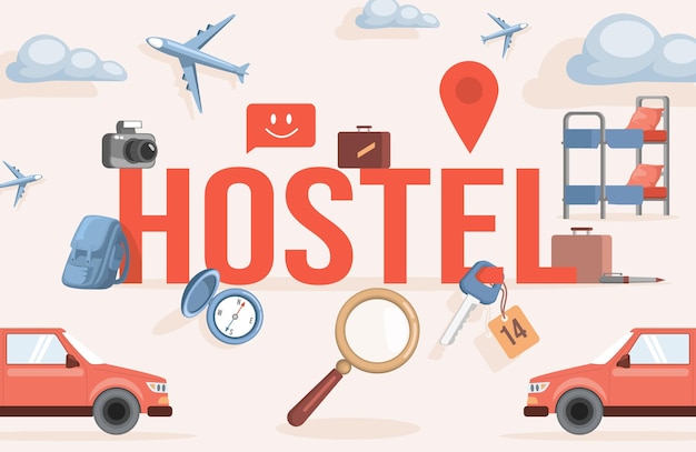 Hostel word with red car, photo camera, beds and elements