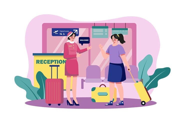 Vector hostess greets passengers at the airport reception