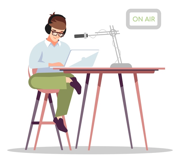 hosting live audio stream semi flat rgb color vector illustration. mass media occupation. radio presenter isolated cartoon character on white background