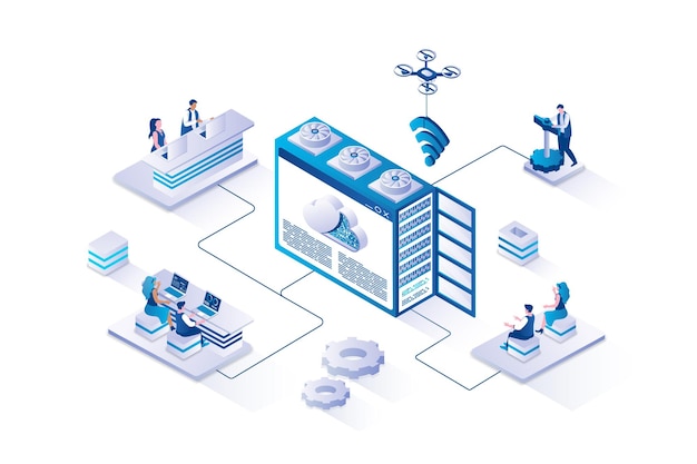 Hosting provider 3d isometric concept with isometry people design for web Users working with hardware and software of internet provider using network mainframe infrastructure Vector illustration