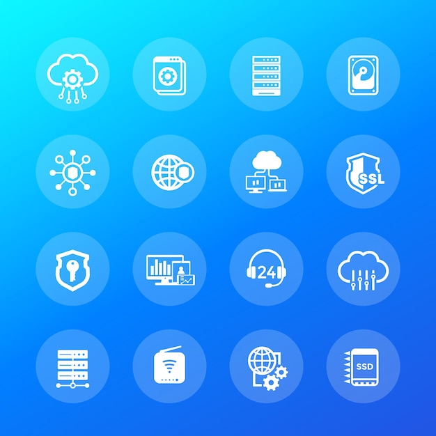 Hosting, servers and data storage icons, vector