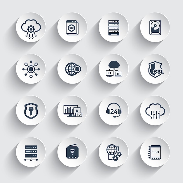 Hosting servers netwerk en gegevensopslag iconen set