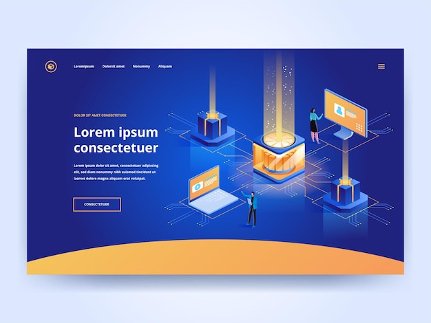 Hosting service blue landing page template. computer technology website homepage ui idea with isometric vector illustrations. technical support, data center web banner dark color 3d concept