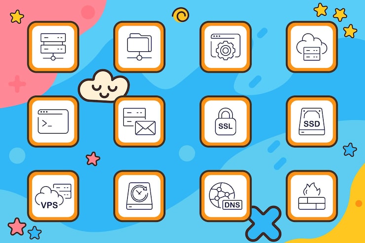 Vector hosting set icon server shared folder settings cloud hosting code window email server ssl padlock ssd disk vps cloud backup disk dns network firewall block