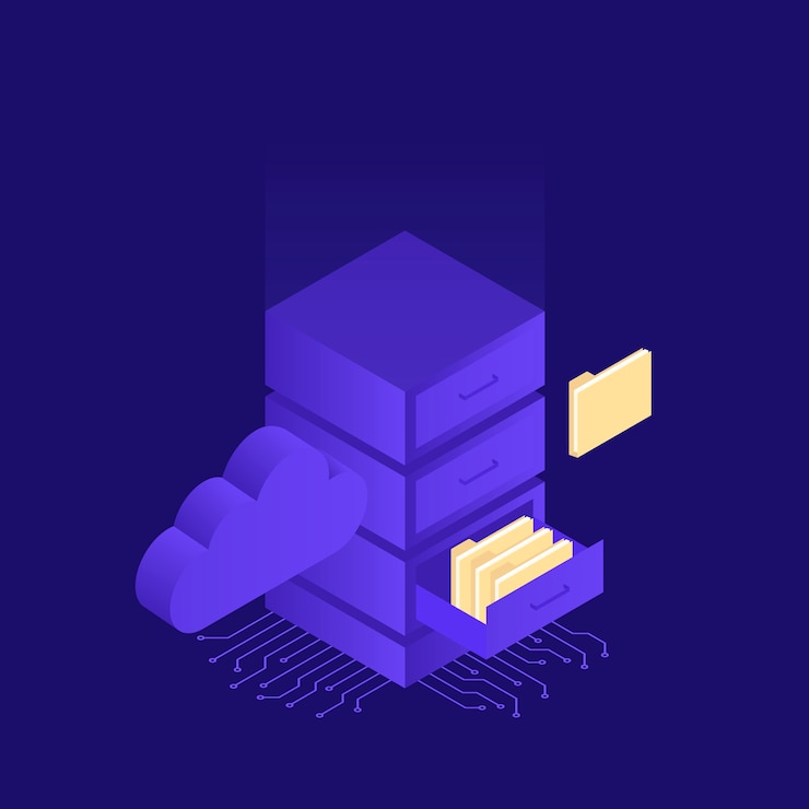 Vector hosting  with cloud data storage and server room. server room file storage with cloud. modern  illustration in isometric style