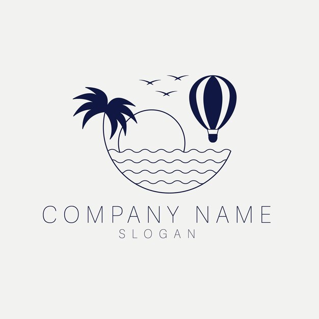Premium Vector Hot air ballon logo design palm sea ocean and hot Premium Vector Hot air ballon logo design palm sea ocean and hot