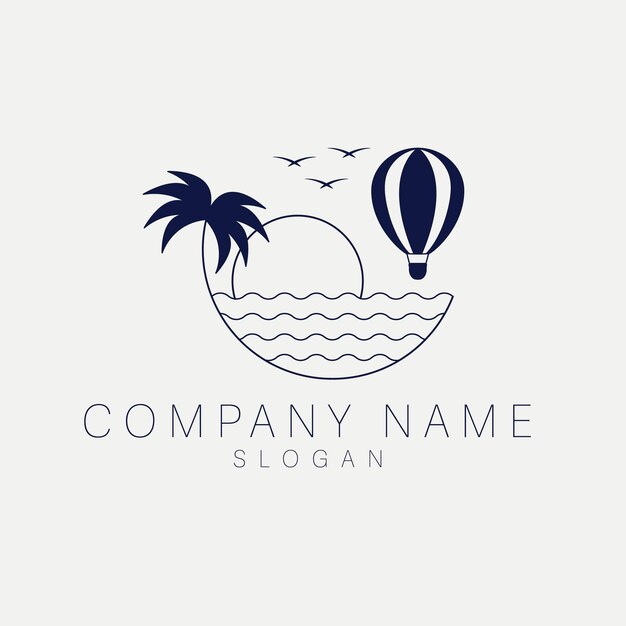 Hot air ballon logo design. Palm, sea, ocean and hot air ballon logo template.