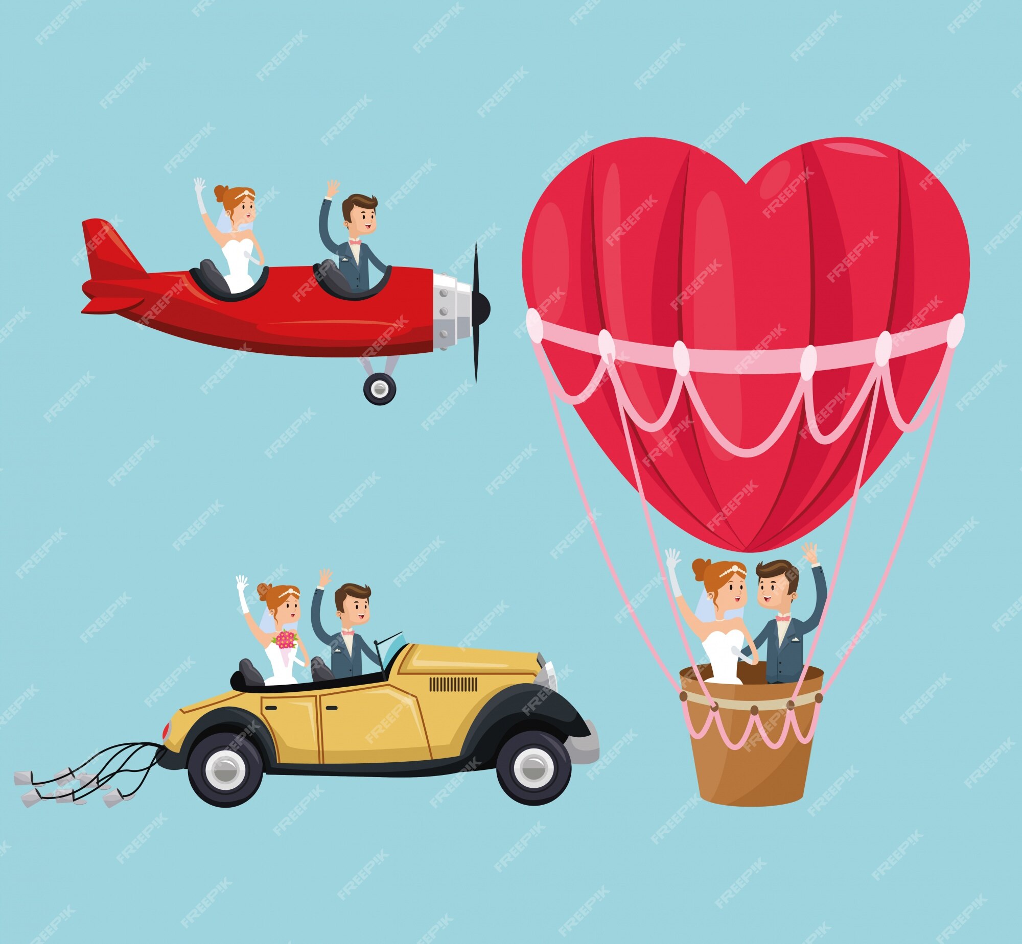 Premium Vector | Hot air balloon airplane car couple cartoon