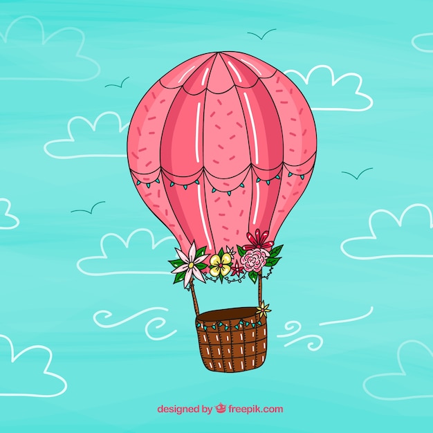 Vector hot air balloon background with sky in hand drawn style