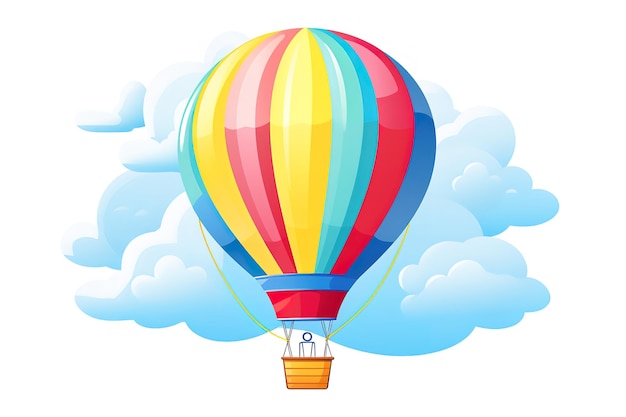 Hot air balloon in the blue sky with white clouds and birds illustration vector