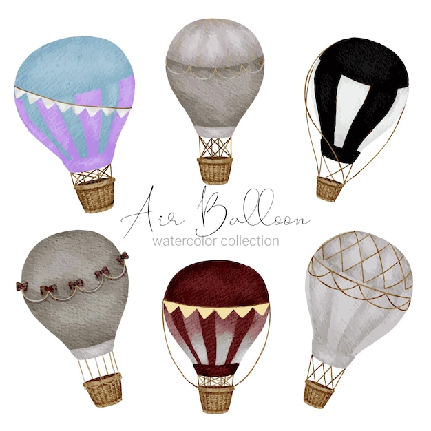 Vector hot air balloon designs in various watercolor styles for graphic designers to use for web sites invitation cards weddings congratulations birthdays celebrations fabric printing and publications
