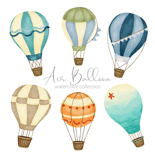 Hot air balloon designs in various watercolor styles for graphic designers to use for web sites invitation cards weddings congratulations birthdays celebrations fabric printing and publications