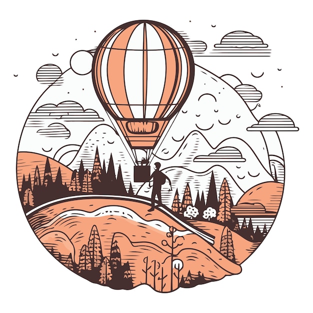 Vector hot air balloon flying in the sky over the forest