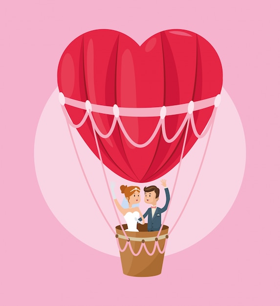 Hot air balloon heart couple cartoon