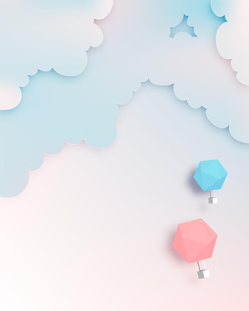 Hot air balloon paper art style with pastel sky