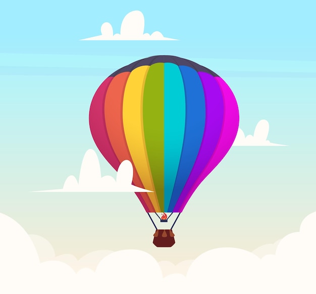 Hot air balloon in sky. Romantic flight in clouds outdoor travel symbols background. Illustration air balloon, flight, flying and exploration