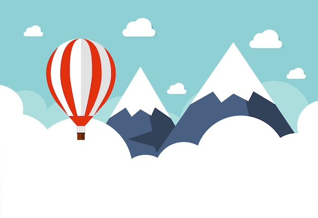 Vector hot air balloon in the sky with clouds. flat cartoon design.