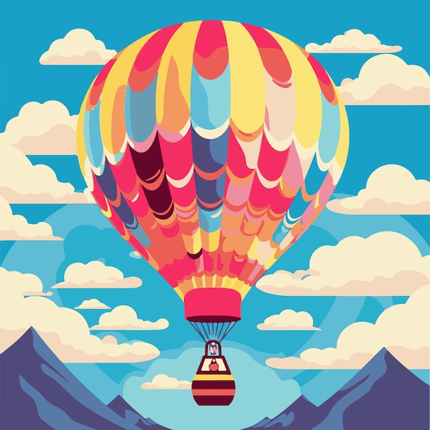 Hot air balloon in the sky with clouds and mountains in the background.