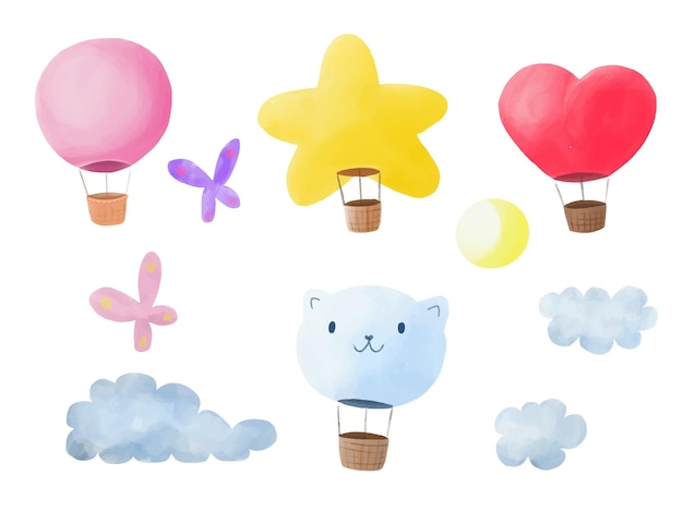 Hot air balloon watercolor set Watercolor children hand drawn sky Cartoon balloon Traced vector