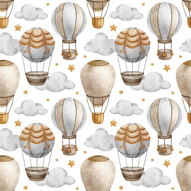 Hot Air Balloon with basket clouds and stars Watercolor seamless pattern Cute baby background