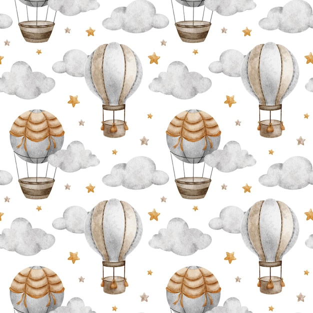 hot air balloon with basket clouds and stars watercolor seamless pattern cute baby background